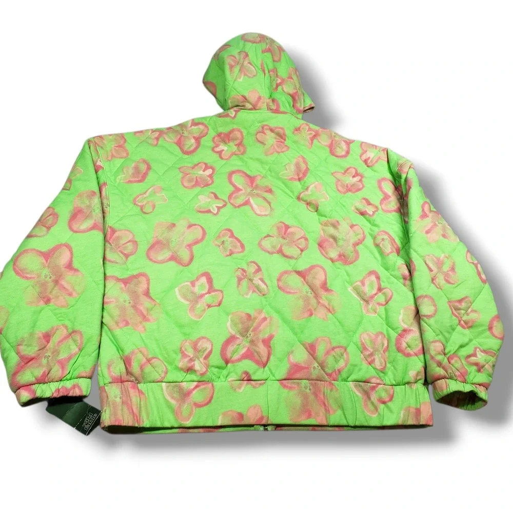 Wild Fable Quilted Hooded Bomber Jacket Womens L‎ Green Pink Floral Art to Wear